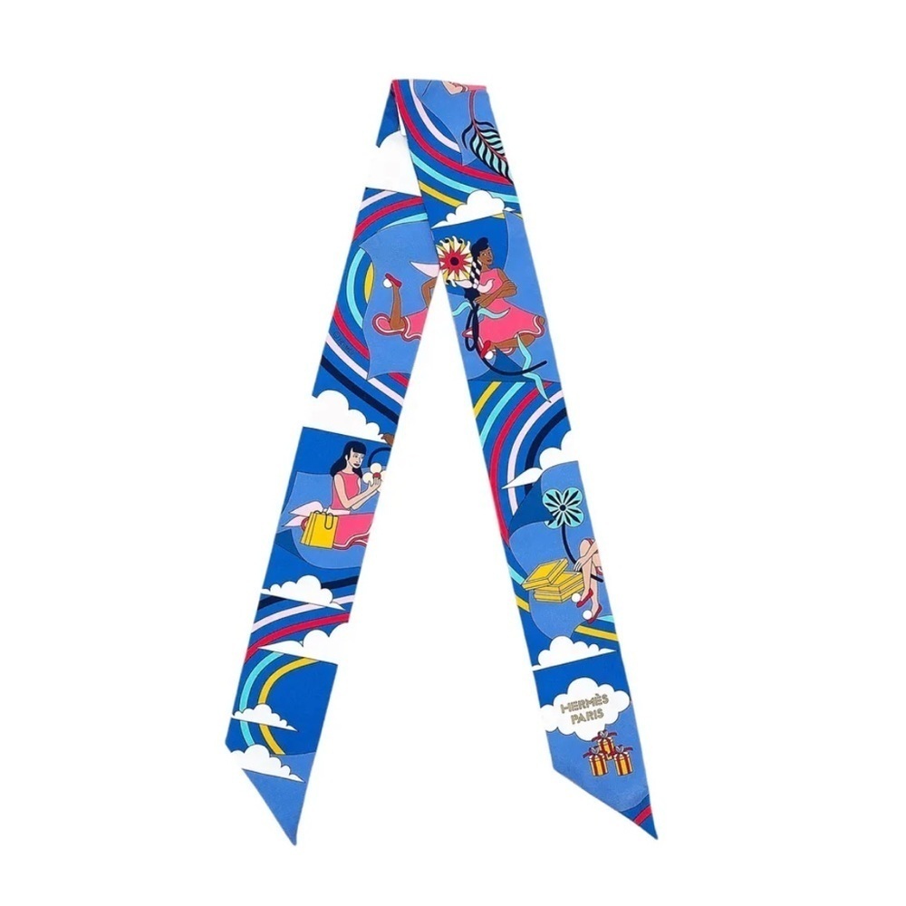 NWT Hermes le Carres Volantes silk twilly ribbon scarf Blue White Yellow